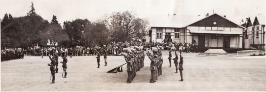 Cadets cheering at royal review at Royal Military College, Duntroon.