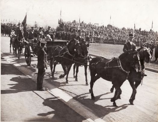 Close-up of the carriage carrying the Royal couple, the Duke and Duchess of York, at the ceremony for the opening of Parliament House.