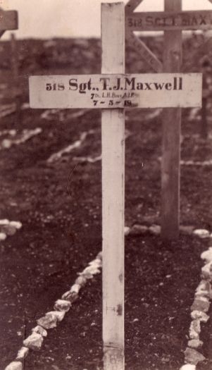 Wooden cross marking the grave of Sgt T. J. Maxwell, 7th Light Horse, Killed in action 7 May 1918. Thomas Joseph Maxwell was born in Tuggeranong in 1886 and attended the Tuggeranong Public School. He enlisted on 21 September 1914 and was killed by a bomb in an air raid in Palestine. The grave is now part of the Jerusalem War Cemetery.