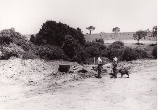 Two men and a dog with bulldozer