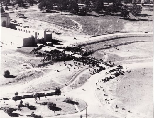 Service outside Australian War Memorial, photograh taken from the air