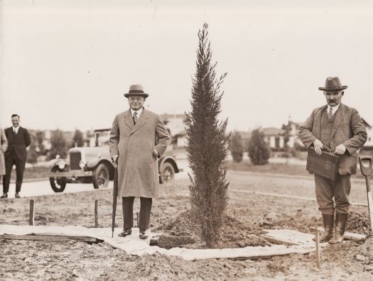 Secretary of State for Dominions, Mr Amery, beside the tree he planted, with Thomas Charles Weston.