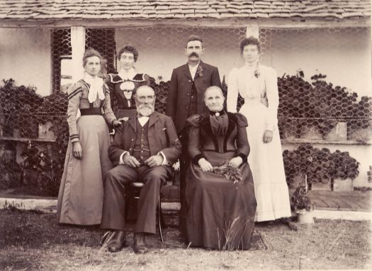 McKeahnie family at Well Station. Standing; Elizabeth McKeahnie (m. Joseph Winter), Mary McKeahnie (m. Charles Peden), Charles McKeahnie (m. Sarah Anne Read); Jane McKeahnie (m. William Bell). Seated; Archibald McKeahnie, Mary McKeahnie (nee McMillan)