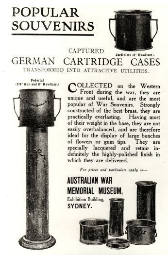 Promotional poster advertising sale of 'German cartridge cases tranformed into attractive utilities'. Examples include 'Jardiniere' and 'Pedestal'.
