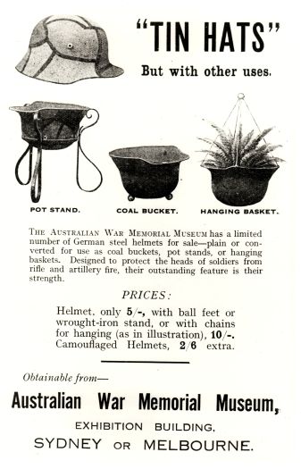 Promotional poster advertising sale of 'Tin hats. But with other uses'. Examples include 'Potstand', 'Coal bucket', 'Hanging basket'