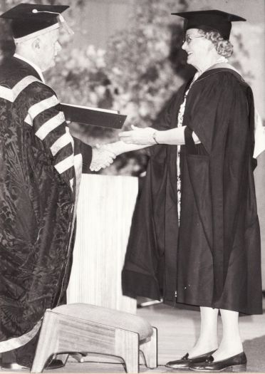 Honorary MA degree being received by Mrs Nan Phillips