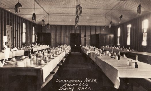 Dining hall and tradesmen's mess at Molonglo camp showing dining tables covered with tablecloths ready for serving meals