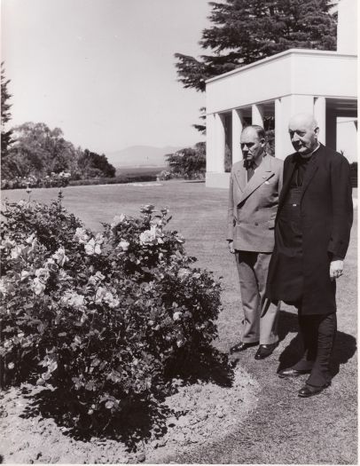 Sir John Northcote and the Archbishop of Canterbury in the gardens of Government House, Yarralumla.