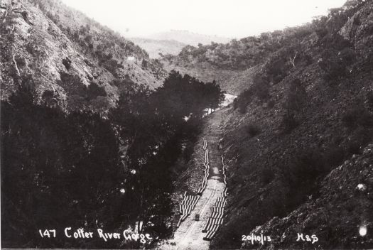 Cotter River Gorge showing pipes used for the Cotter Dam water supply.