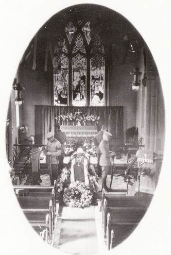 Coffin of Major General Sir William Bridges in St John's Church with catafalque party.