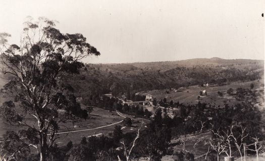 View of the junction of the Cotter and Murrumbidgee Rivers from the Bullen Range. The bridge over the Murrumbidgee Rand the Cotter Pumping Station are visible.