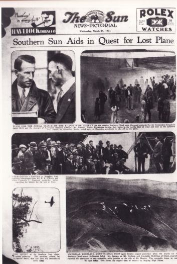 Front page of the The Sun News-Pictorial in March 1931 about the Southern Cloud and the search for the missing plane