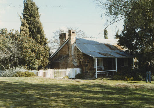 A side view of Blundell's Cottage. A white paling fence runs from the right side of the cottage. A large tree is shown on the left side of the cottage.