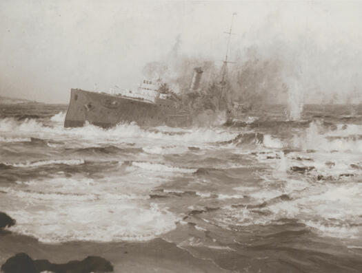 Australian War Memorial - painting, 'Sinking of Emden' off Cocos Island, 1914
