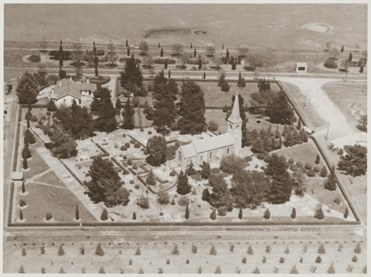 St John's Church, Reid, looking towards Constitution Avenue. Aerial view of whole grounds.