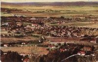 Panorama of south Canberra residential and shopping districts taken from Red Hill. Shows Capitol Theatre, Manuka, St Christopher's Catholic Church, Manuka Oval, Kingston and beyond that, the Molonglo River, RMC Duntroon.