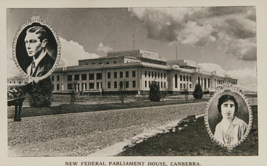 Parliament House from the front, right hand side. Images of the Duke and Duchess of York are imprinted on the photo.