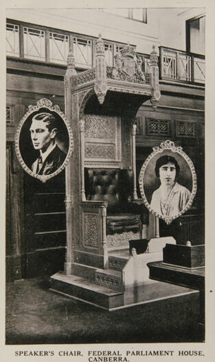 Speaker's chair at Parliament House with images of the Duke and Duchess of York inserted.