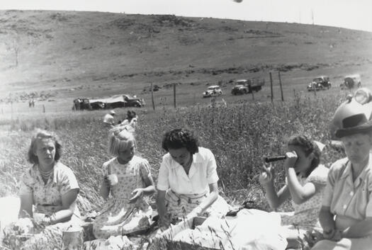 Lake George Sailing Club regatta - picnic shows a group of 5 ladies watching the races. Left to Right: Thora Sheard, Beryl Sheard, Valda Alison Ryan (nee Marks), Melissa Wheatley (nee Marks), Valda Marks (nee Brown)