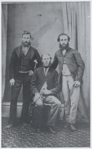 Portrait of Thomas Webb (1845-1934), William McMahon (1831-1891) and Nicol McInnes (1847-1927). McInnes lost an arm in 1907 while chaff-cutting at Horse Park.
