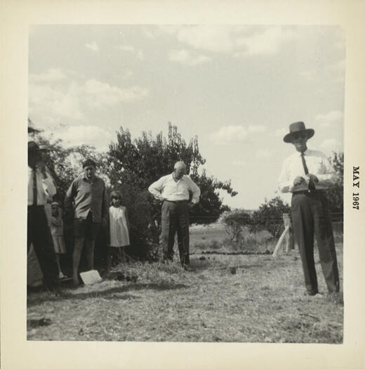 Shumacks at Rosebud Apiary, Skinner Street, Cook. Shows three men and a small girl.