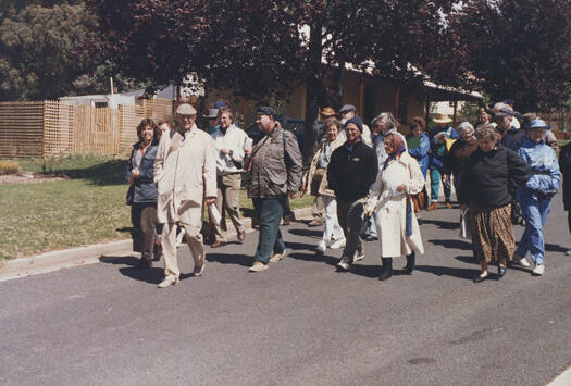 Members of the CDHS walking along a road in Oaks Estate during an excursion.