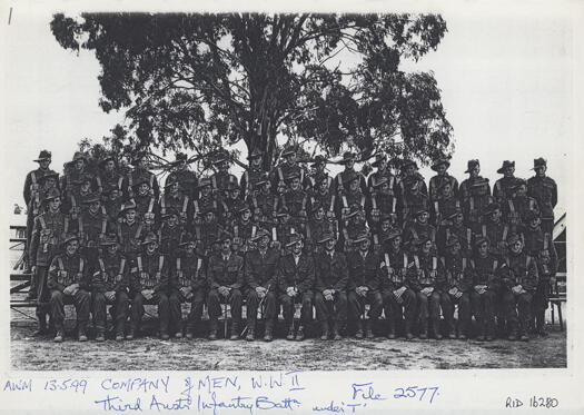 Sixty men of the 3rd Australian Infantry Battalion, Headquarters Company, in training at Walgrove Camp, west of Sydney, 1940.