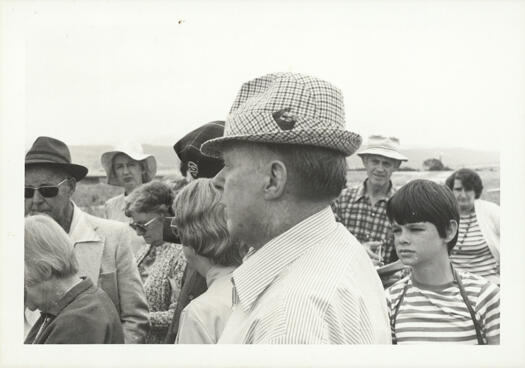 Group photo taken during the CDHS excursion to Lanyon and Tuggeranong. Includes a head shot of Bert Sheedy, a local historian.