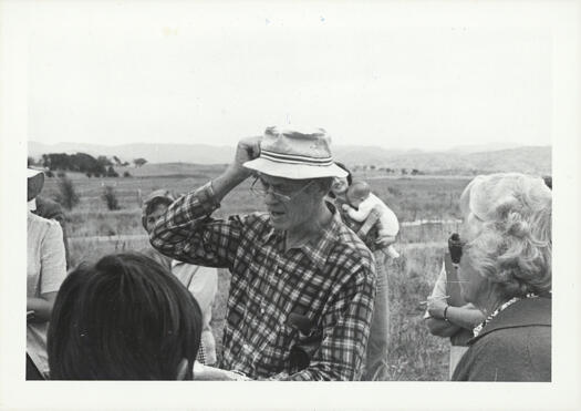CDHS excursion to Lanyon and Tuggeranong. Photo shows six people with open paddocks in the background.