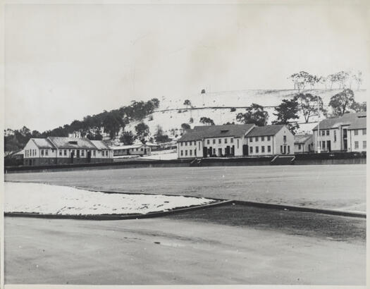 The parade ground at the Royal Military College, Duntroon, on a rare, snow-covered day. Mt Pleasant is in the background.