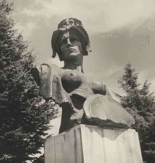 Bellona, Goddess of War, a sculpture by Bertram Mackennal. It was originally at Melbourne then moved to the Albert Hall on Commonwealth Avenue and then the Australian War Memorial.