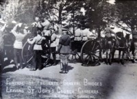 General Bridges' funeral at St John's Church, Reid, 3 September 1915.  The photo shows the coffin being mounted on the gun carriage prior to interment. General Bridges was killed at Gallipoli and is the only identified soldier from WW1 whose body was returned to Australia for burial. His grave is on Mt Pleasant near Duntroon