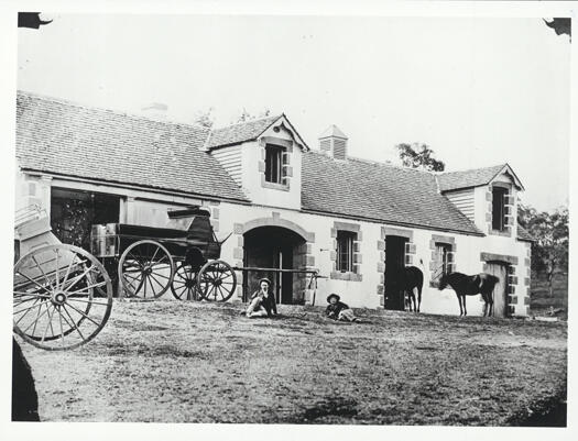 Duntroon stables showing carriages, horses and staff.