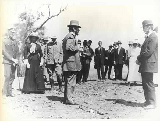 King O'Malley addressing the crowd after driving the first peg - symbolic start of work on Canberra