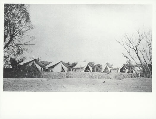 Surveyors camp, Cotter Dam site. Shows six tents and a small building at right.