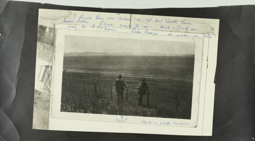 Subtitled \"Mick and Fred on their way to Canberra\". In the background is a dry Lake George.