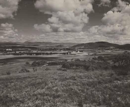 Commonwealth Bridge over the Molonglo River with the Power House in the distance and showing part of Parliament House, Albert Hall and the Hotel Canberra.