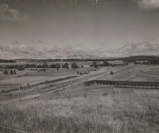 View towards the Brindabella mountains over the Acton Racecourse, past Corkhill's farm to Yarralumla.