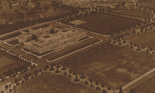 Aerial view of Parliament House. The trees are small in height suggesting the photo was taken not long after its opening. West Block is on the right near Commonwealth Avenue.
