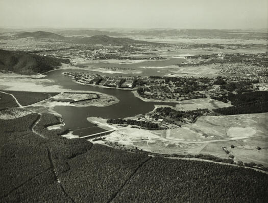 Aerial view of Scrivener Dam which holds back the Molonglo River to form Lake Burley Griffin.