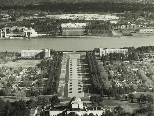 A view from Mt. Ainslie of the construction of the new Parliament House.