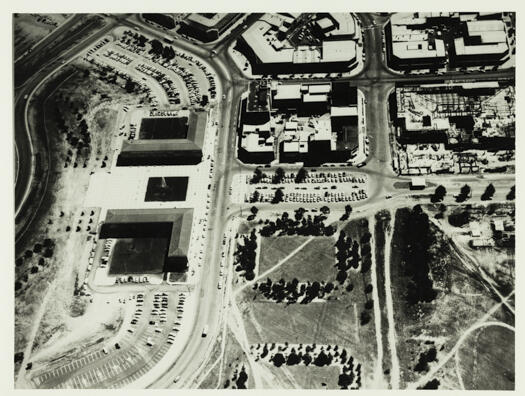 Aerial view of Civic showing the Monaro Mall under construction and the Sydney Building on the left hand side.