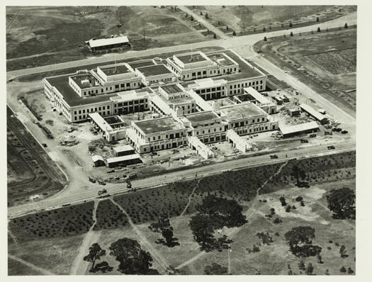 Aerial view of Parliament House under construction