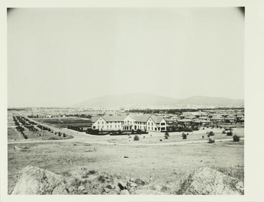 Hotel Ainslie from Limestone Avenue. Also shows Gorman House with Black Mountain in the distance.
