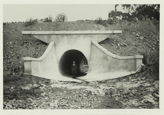 Drain under Commonwealth Avenue. The photo gives an indication of the height of the drain as it shows a man standing in front of the opening.