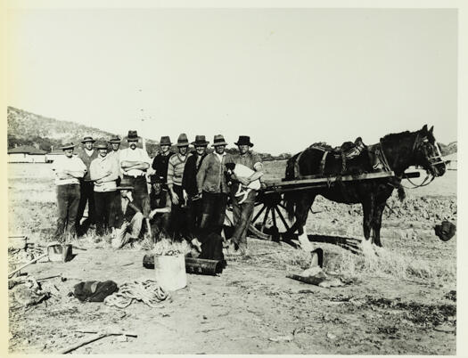 Ten men,with another holding a dog, standing in front of a horse and dray. A tennis court was being built.