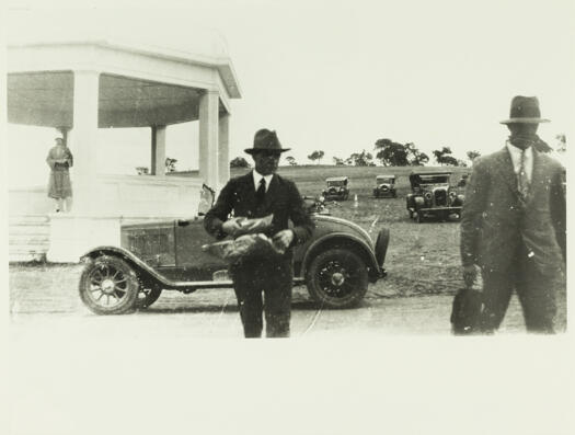 Bert Hinkler near a rotunda in York Park.