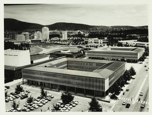 Civic Square with Canberra Theatre on the left. Also shown are the North and South Buildings.