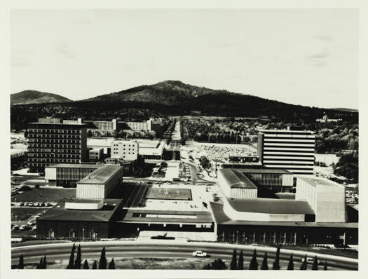 View from City Hill of Civic Square and Ainslie Avenue. The Australian War Memorial is visible in the distance.