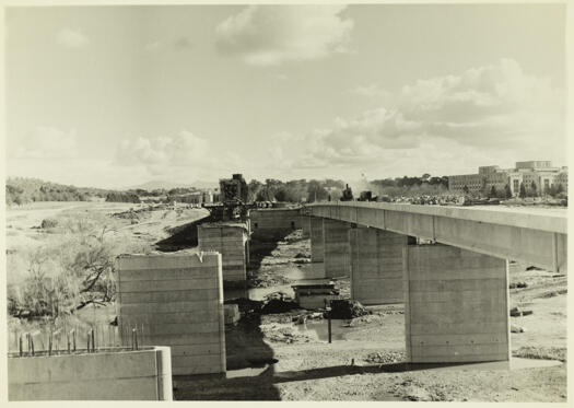 Kings Avenue Bridge under construction. View of progress of work on the bridge looking south.